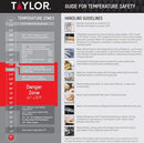 Taylor brand classic style meat thermometer featuring a round dial with Fahrenheit markings from 120 to 200 degrees. The dial face includes icons for beef, pork, poultry, and lamb/veal, along with recommended temperatures for different levels of doneness. The thermometer has a stainless steel probe and a clip for oven use.