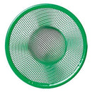 Top-down view of a circular green mesh sink strainer with a fine netting.