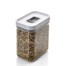 Clear rectangular food storage container, featuring a white lid with a gray pop-top seal.