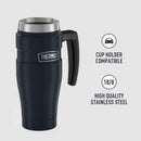 Midnight blue THERMOS Stainless King 16-ounce travel mug with handle and leak-proof lid, displayed on a white background.