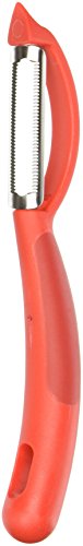 The Original Swiss Peeler by Kuhn Rikon, shown in red, with a durable carbon steel blade for easy vegetable and fruit peeling.