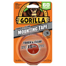 Clear double-sided mounting tape roll, 1" x 60", designed for both smooth and rough surfaces, on a white background.