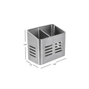 Silver stainless steel dual-compartment utensil holder with draining holes, shown standing upright on a white background.