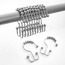 Double hook shower curtain rings in silver finish. Features rolling balls for smooth, snag-free operation.