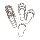 Set of stainless steel shower curtain hooks with rolling ball bearings for smooth gliding. Rust-resistant and durable, perfect for hanging shower curtains and liners.