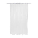 Frost-colored 9-gauge vinyl shower liner with reinforced white mesh top and 12 metal eyelets, displayed on a white background.