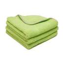 A neatly stacked set of three vibrant green microfiber cloths, each featuring a light gray stitched edge. These may be Breakthrough brand cloths known for their cleaning power.