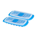 Two blue silicone ice cube trays with clear, spill-proof lids, perfect for making ice or freezing baby food.