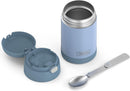 THERMOS FUNTAINER 16-ounce denim blue insulated stainless steel kids food jar with foldable spoon, shown on a white background.