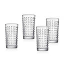 Godinger West Street highball glasses, a set of four clear tumblers with a distinctive geometric pattern.