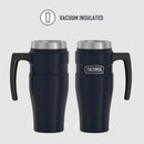 Midnight blue THERMOS Stainless King 16-ounce travel mug with handle and leak-proof lid, displayed on a white background.