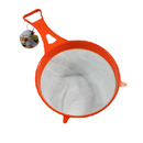 8-inch orange plastic fine mesh kitchen strainer with handle, for draining or sifting.