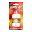 Two flameless LED tea light candles by Magic Seasons, packaged together. The packaging indicates they are long-lasting and have a flickering flame effect. Each light includes a CR2032 battery.