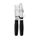 Black portable can opener with ergonomic cushioned handles and built-in bottle opener, displayed on a white background.