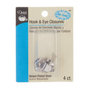 Package of four nickel no-sew hook and eye closures from Dritz on a white background.