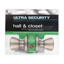 Ultra Security satin nickel hall and closet interior door knob shown on a white background.
