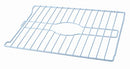 This is a white, coated metal sink grid or rack. It has a rectangular shape with parallel bars and features an oval-shaped cutout in the center, designed to accommodate a drain or disposal opening in a kitchen sink. The coating suggests it's intended to protect the sink surface from scratches and allow dishes to air dry.