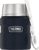 Midnight blue THERMOS 16-ounce insulated food jar with folding spoon and lid that doubles as a serving bowl, shown on a white background.