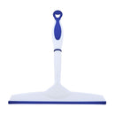 White and blue shower squeegee with ergonomic handle and rubber blade for streak-free cleaning.