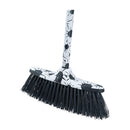 Black and white splash-patterned angle broom with a wooden handle and angled bristles, shown against a white background.