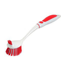 Superio red and white fruit and vegetable scrub brush with a long handle displayed on a white background.