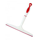 White and red shower squeegee with ergonomic handle and rubber blade for streak-free cleaning.