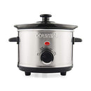 Stainless steel slow cooker with black lid and control dial.