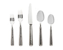 Silver flatware set with hammered texture: dinner fork, salad fork, knife, soup spoon, dessert spoon, laid out on white.