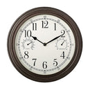 Westclox 12-inch indoor/outdoor wall clock with temperature and humidity gauges in bronze on a white background.