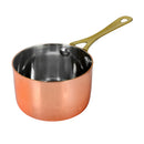 Gibson Rembrandt 3.3 Inch Mini Sauce Pan with a shiny copper-plated exterior and a long, brass-toned handle with a hanging hole. The interior of the small saucepan is silver.