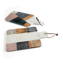 Two-piece marble and wood cutting board set with hanging twine loops, displayed on a white background.