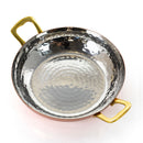 Top-down view of a Gibson Home Rembrandt Hammer Mini Serving Bowl. The bowl has a hammered silver interior and exterior, with two small, square brass-colored handles on opposite sides.