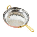 Hammered copper and stainless steel frying pan with dual brass handles and a polished interior finish.