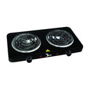 Black electric double coil burner with adjustable knobs and stainless steel drip pans, placed on a white background.