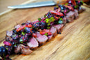 Yukon Glory Premium 100% Acacia Steak Board with Juice Groove, Steak Knife, and Condiment Cups