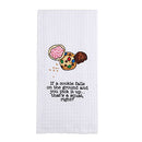 Mud Pie Circa Waffle Weave Kitchen Towel with an illustration of various cookies and the text "If a cookie falls on the ground and you pick it up... that's a squat, right?"