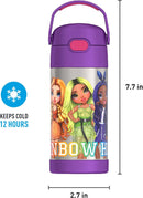 THERMOS FUNTAINER 12oz stainless steel water bottle in Rainbow High design with covered straw and carry handle on white background.