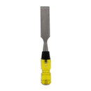 KC 1-inch forged wood chisel with a durable steel blade and impact-resistant amber handle, ideal for woodworking, carving, and precision cutting. Packaged in a yellow blister pack for easy display.
