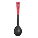 A black Starfrit multi-tool spoon with a red and black ergonomic handle featuring a hanging hole. The spoon has a deep, rounded head with ridges, suggesting multiple functionalities.