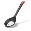 A black Starfrit multi-tool spoon with a red and black ergonomic handle featuring a hanging hole. The spoon has a deep, rounded head with ridges, suggesting multiple functionalities.