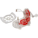 Clear plastic apple peeler with red internal mechanisms and a separate white apple corer/slicer.