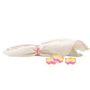 A set of four decorative napkin rings featuring a flowing, wavy design with a pink and gold color scheme.