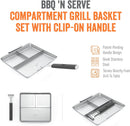 Silver Yukon Glory BBQ 'N Serve 3-Section BBQ Grill Basket with a detachable black handle, designed to keep foods separate while grilling.
