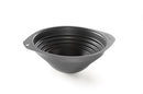 Silver-colored, fluted metal insert designed for use as a double boiler. It has a wide, shallow bowl at the top and a narrower, deeper base with concentric ridges. There are two small handles on the sides for easy lifti