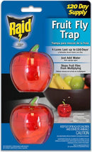 A bundle of Raid reusable fruit fly traps with food-based attractant, shown on a white background.