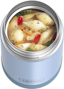 THERMOS FUNTAINER 16-ounce denim blue insulated stainless steel kids food jar with foldable spoon, shown filled with macaroni soup on a white background.