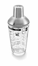 Outset 12oz glass cocktail shaker with stainless steel strainer lid, featuring printed drink recipes and measurement markings, shown on a white background.