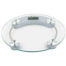 Clear round glass bathroom scale with chrome frame and digital LCD screen, displayed on a white background.