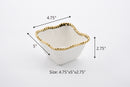 Small white porcelain snack bowl with gold titanium beaded rim from Pampa Bay, displayed with measurements on a white background.