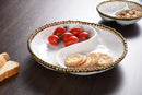 Pampa Bay Mini 2-Section Platter - White Porcelain with Gold Beaded Rim, 8.5" Diameter x 1.5" High.